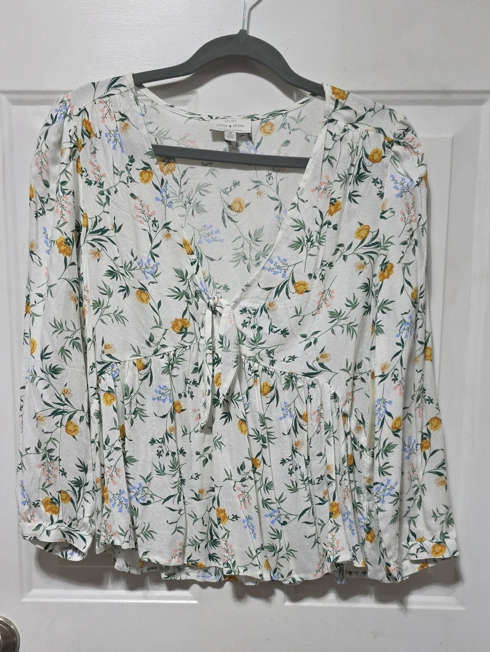 Lucky Brand White Floral Tie-Front Blouse with Yellow & Green Print